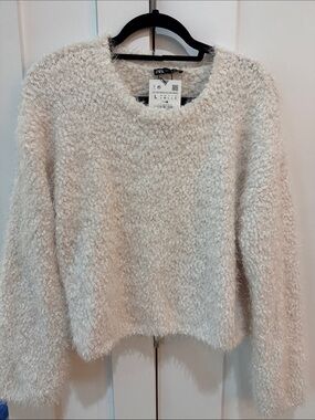 Zara Cream Fuzzy Crew Neck Sweater